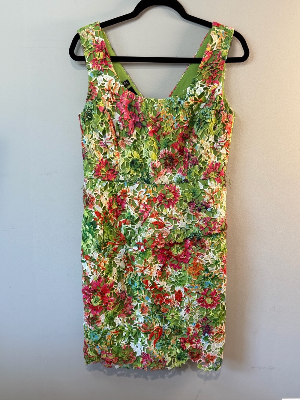 Carlisle Green Floral Silk Crochet Overlay Sleeveless Sheath Dress Size 8